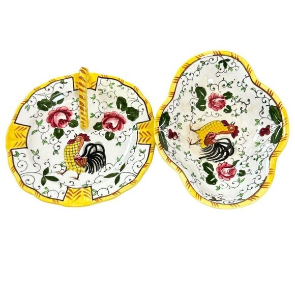 Vintage Ucagco Rooster, Roses Dish Early Provincial Underglaze Decorative Plate - Picture 2 of 14